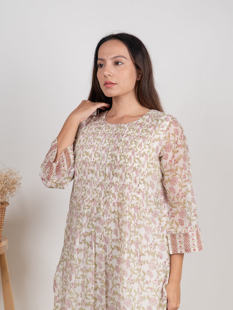 Chanderi Hand Block Printed Kurta- White