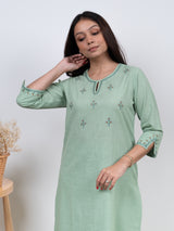 Cotton Hand Embroidery Kurta - Green