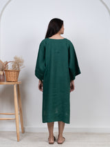 Linen Hand Embroidered Dress - Green