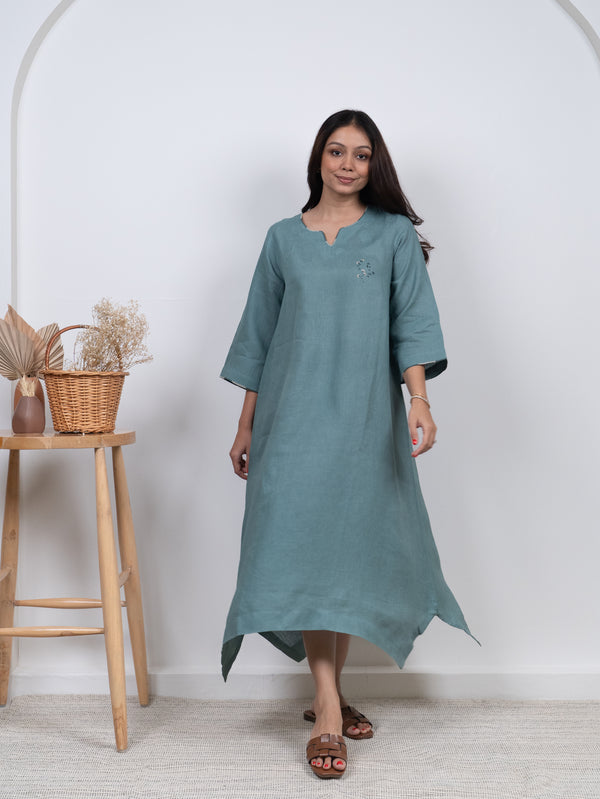 Linen Hand Embroidered Dress - Blue