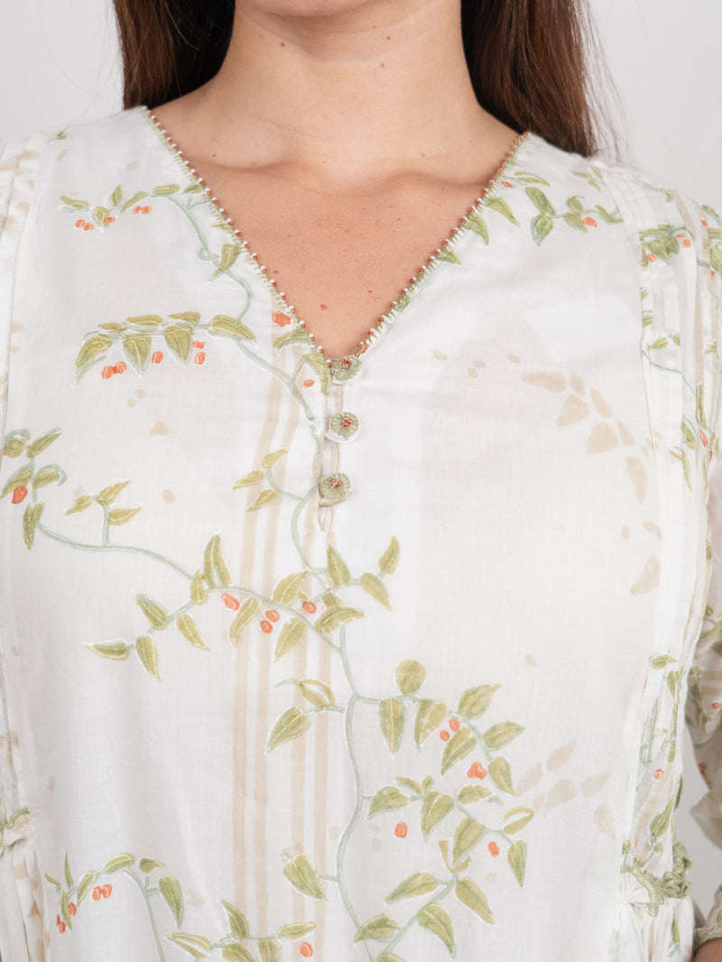 Cotton Hand Block Printed Kurta - White