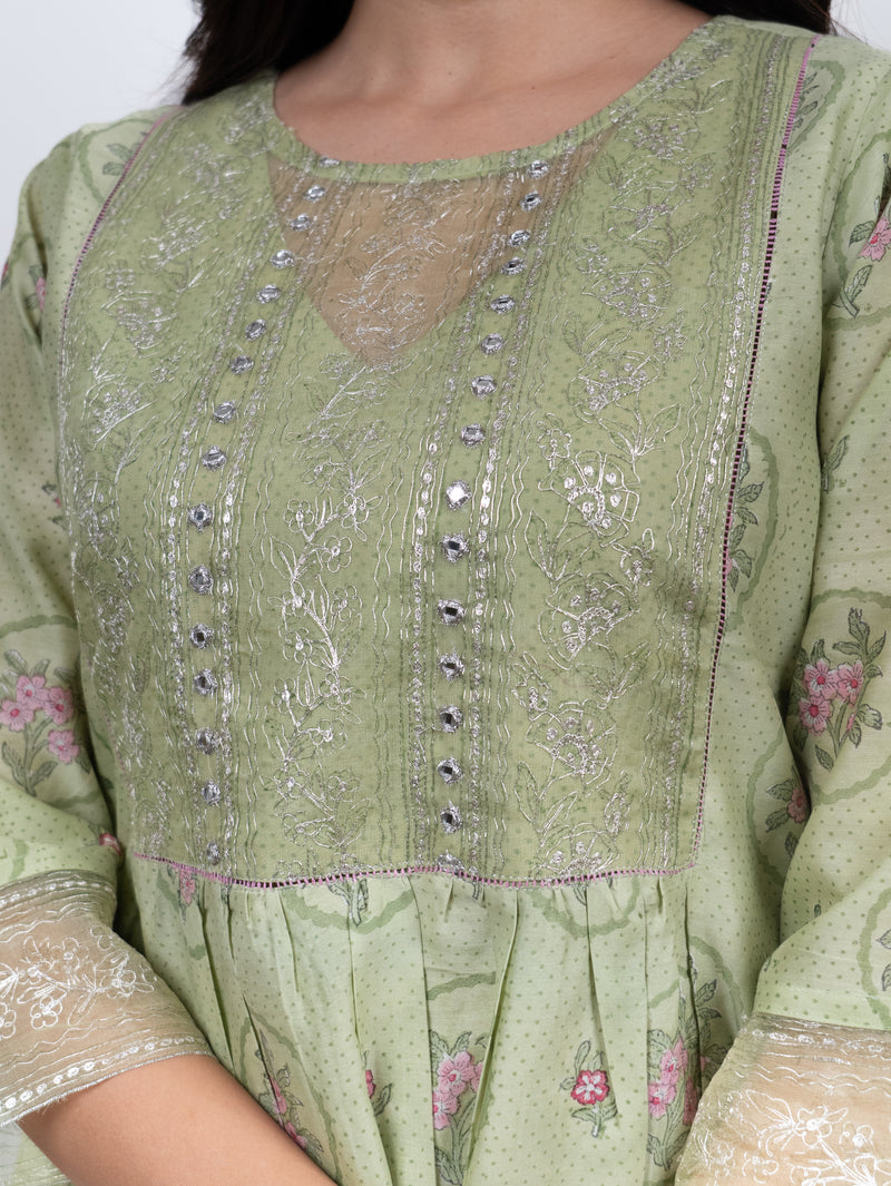Chanderi Hand Embroidered Kurta - Green