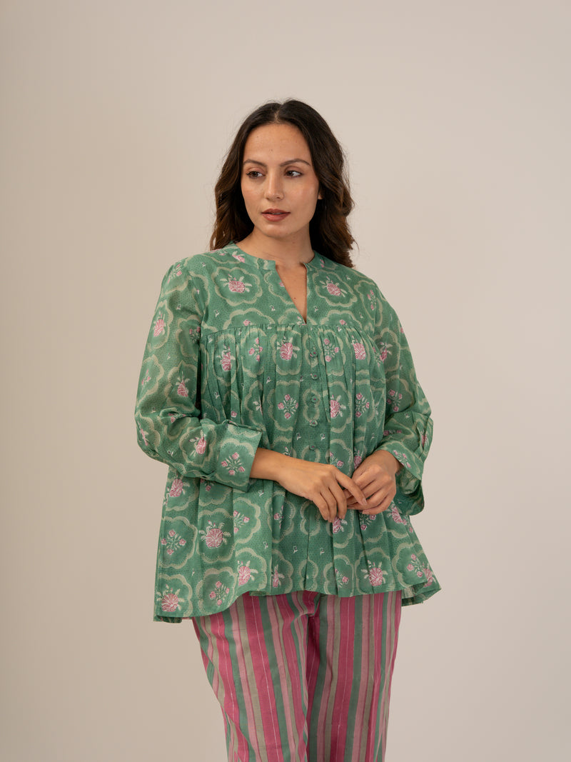 Cotton Hand Block Printed Parallel - Green