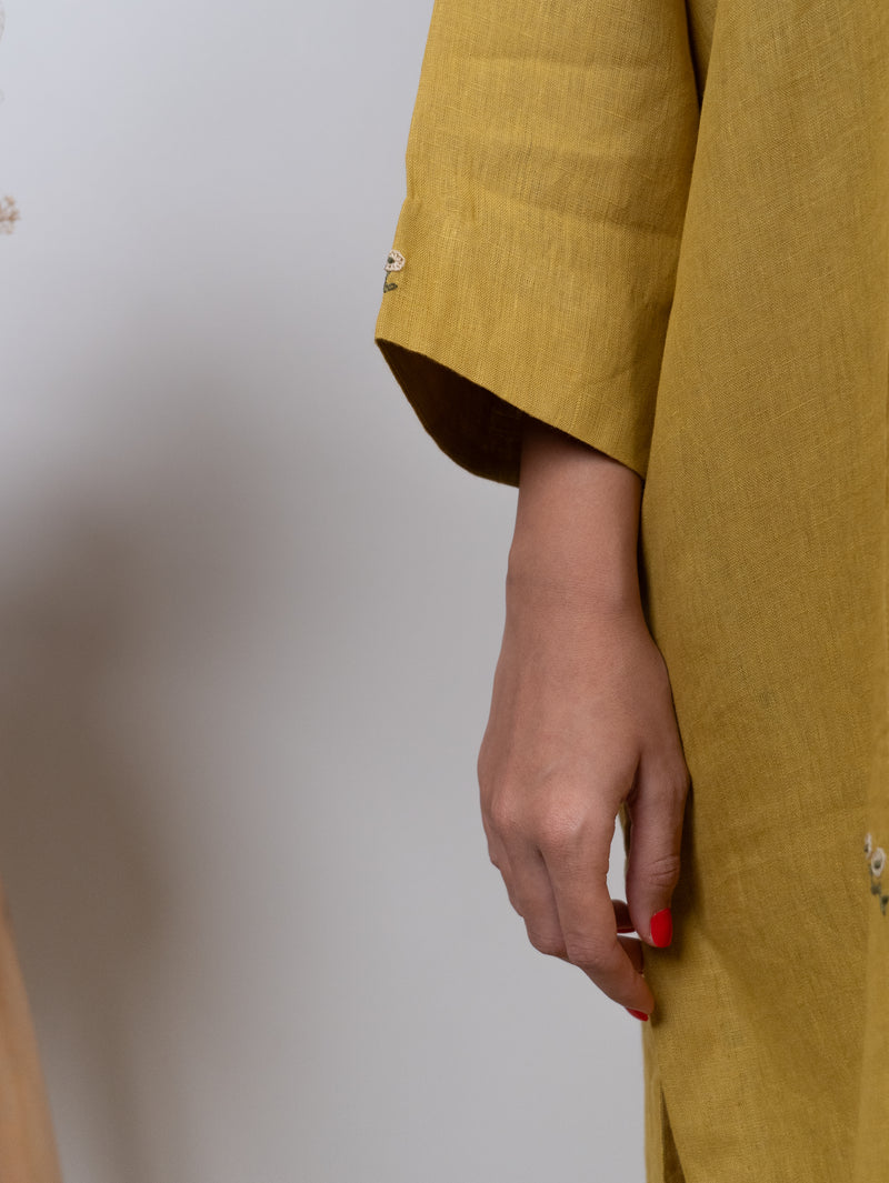 Linen Hand Embroidered Kurta - Yellow