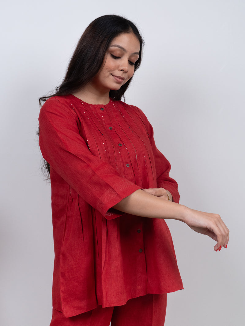 Linen Hand Embroidered Top - Red