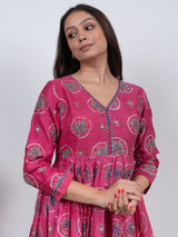 Chanderi V Neck Flare Kurta - Pink