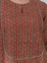 Chanderi Hand Block Printed Embroidered Kurta - Peach