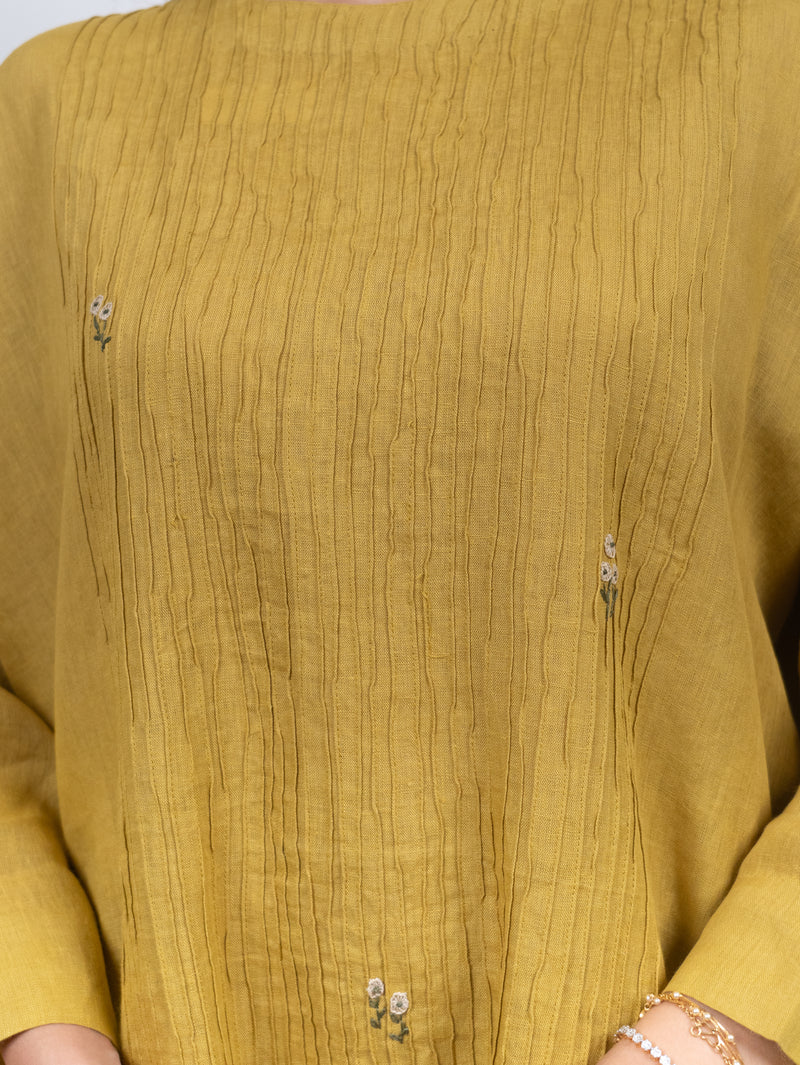 Linen Hand Embroidered Kurta - Yellow