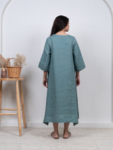 Linen Hand Embroidered Dress - Blue