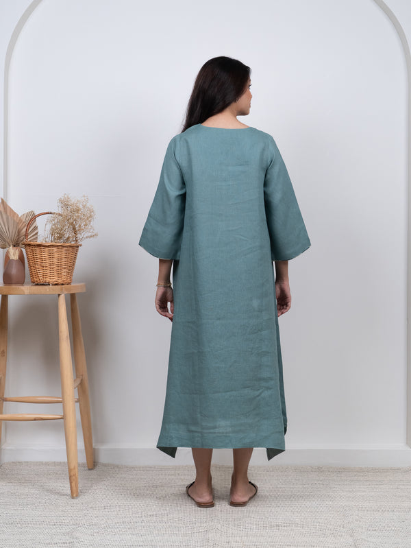 Linen Hand Embroidered Dress - Blue