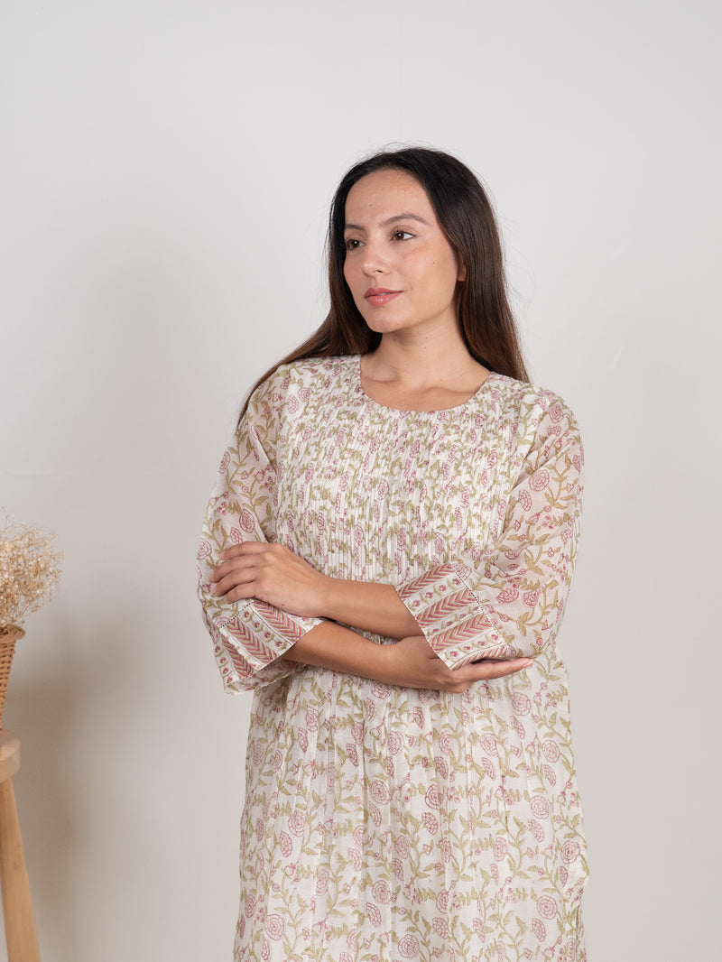 Chanderi Hand Block Printed Kurta- White