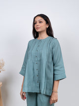 Linen Hand Embroidered Top - Blue