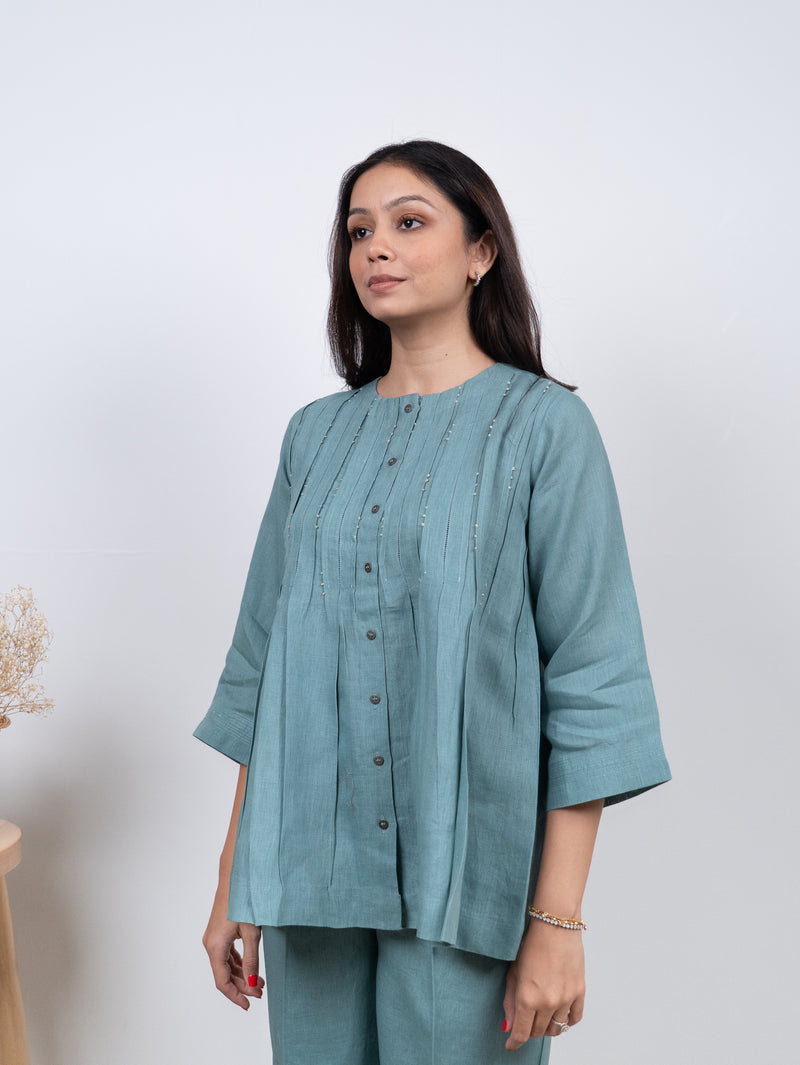 Linen Hand Embroidered Top - Blue