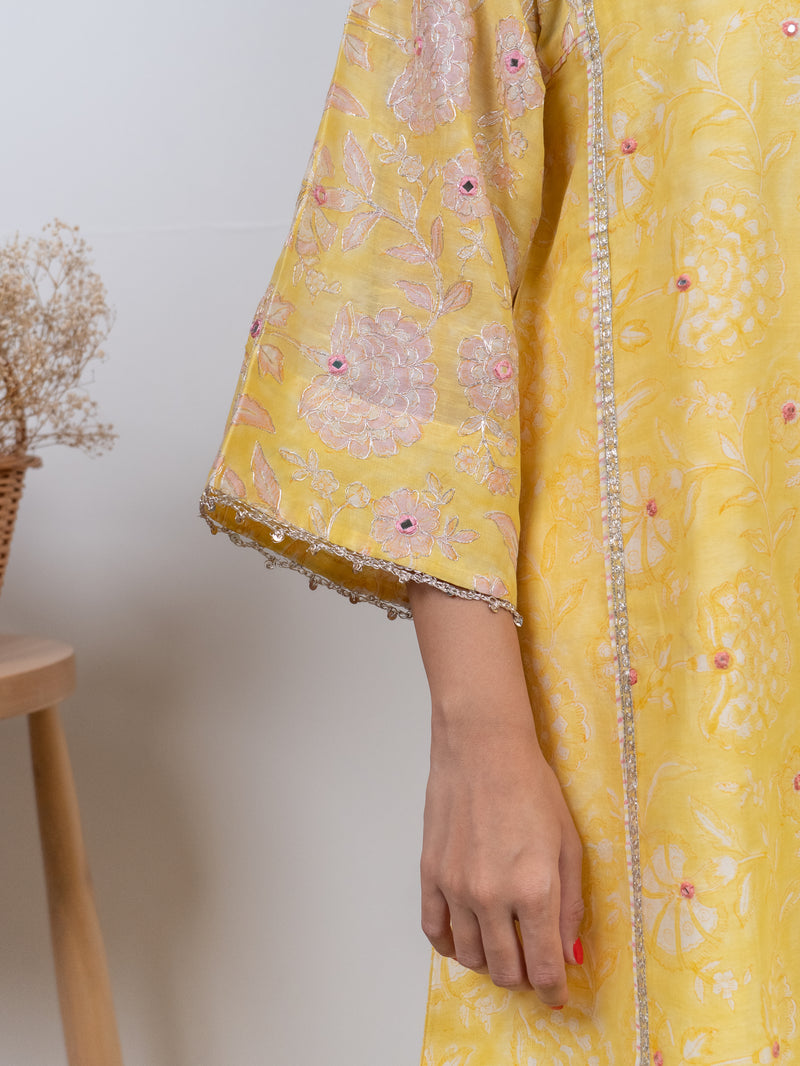 Chanderi Hand Block Printed kurta- Yellow