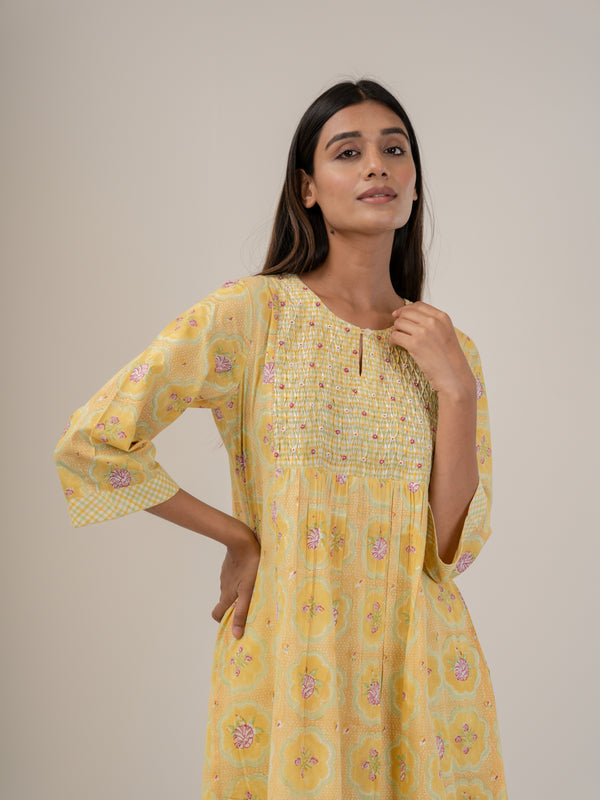 Cotton Hand Block Printed Kurta - Yellow
