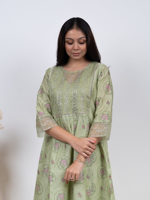 Chanderi Hand Embroidered Kurta - Green