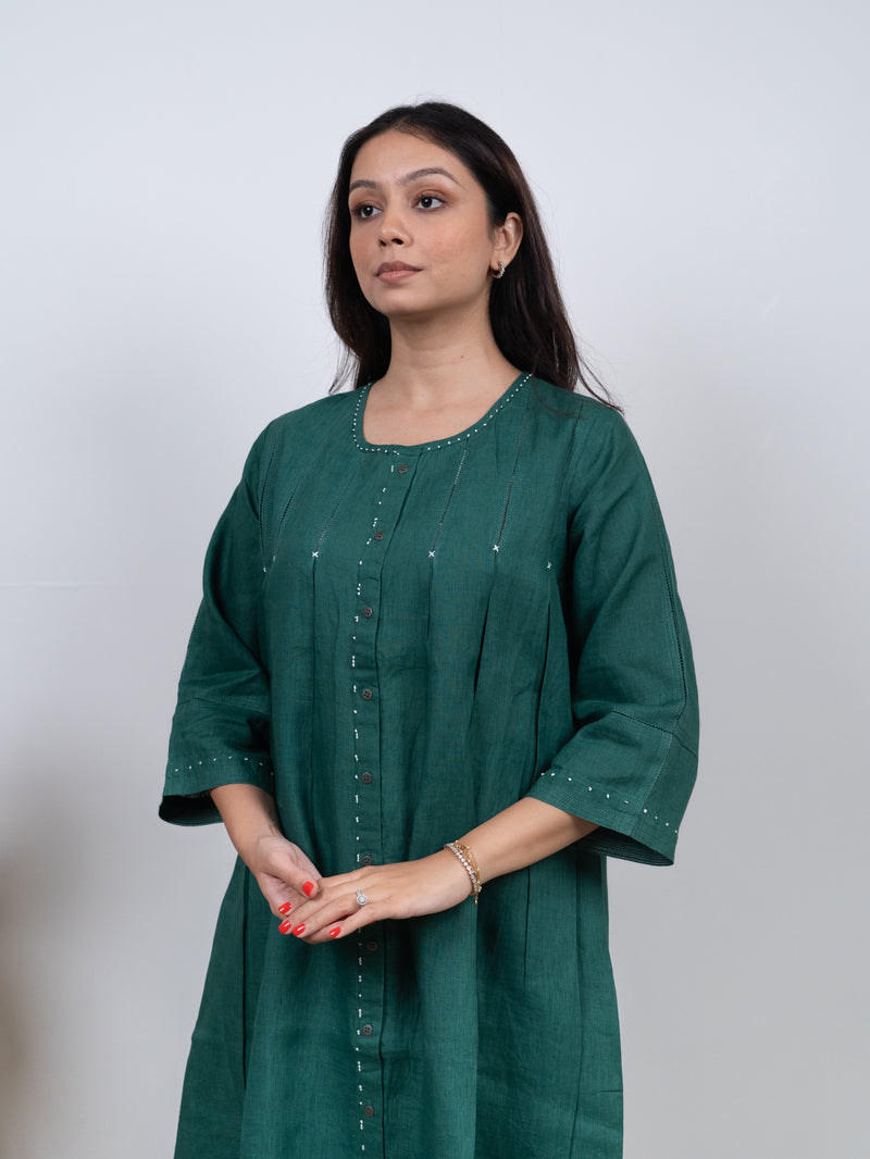 Linen Hand Embroidered Tunic - Green