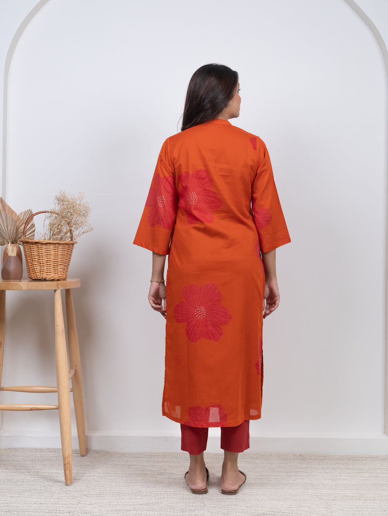 Cotton Screen Printed Kurta - Orange