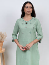 Cotton Hand Embroidery Kurta - Green