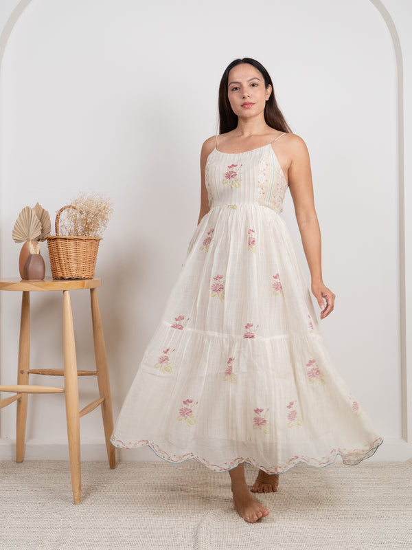 Cotton Hand Blocked Printed Dress - White