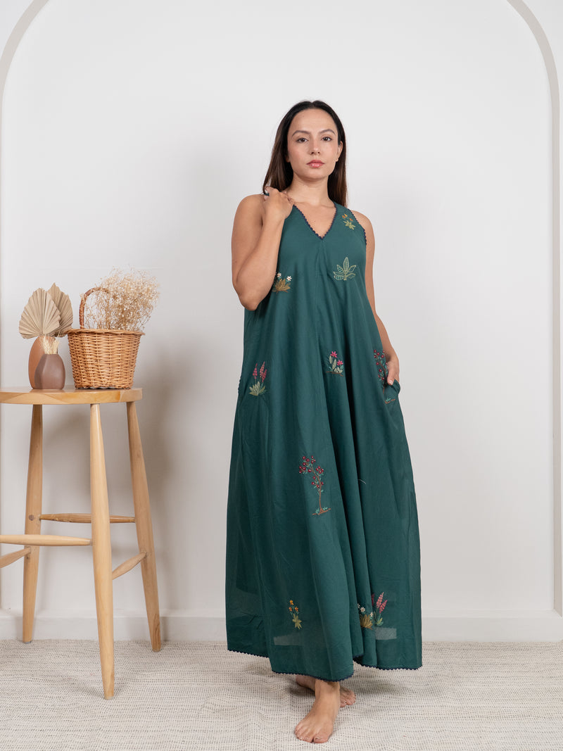 Cotton Hand Embroidered Dress - Green