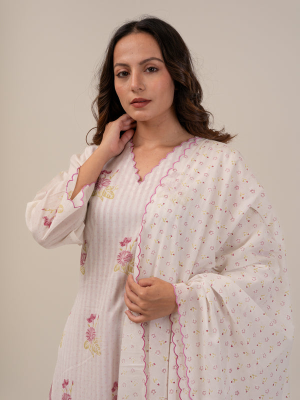 Cotton Hand Block Printed kurta- White