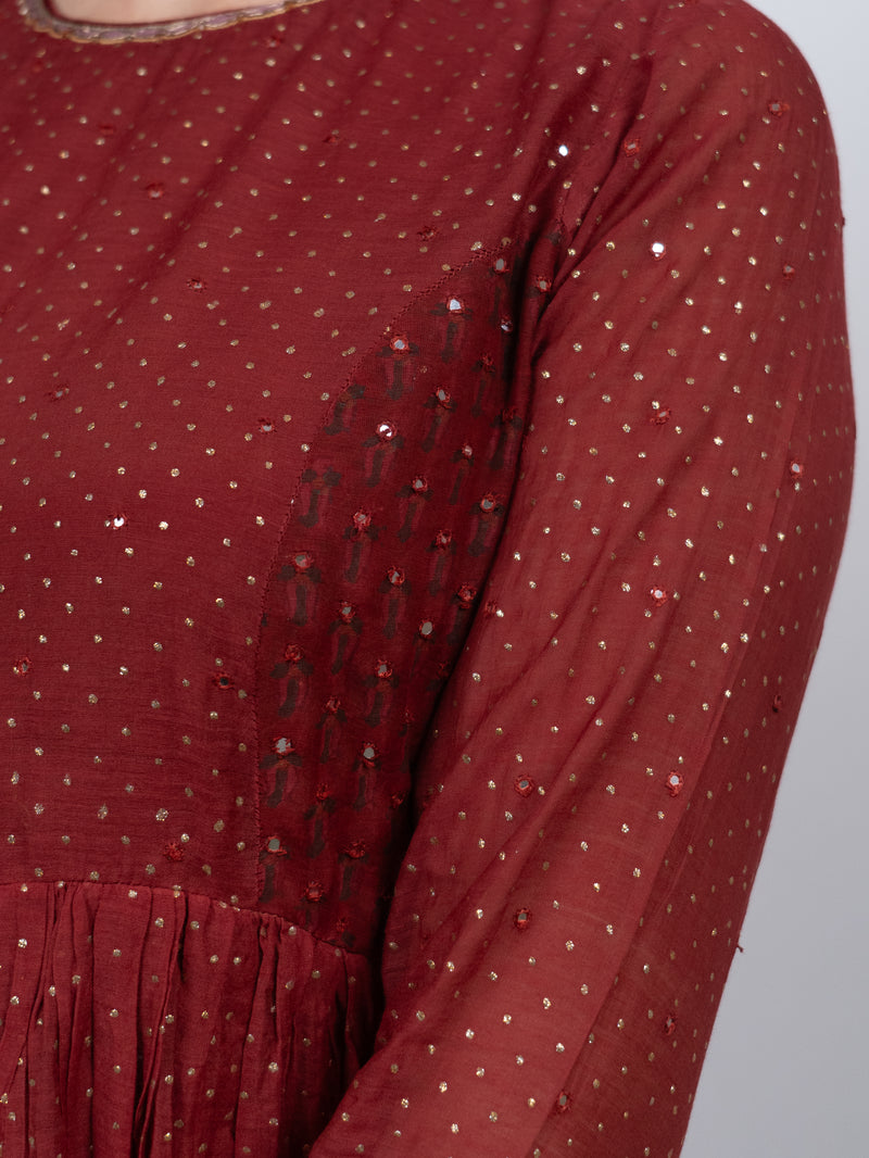Chanderi Hand Block Printed Embroidered Kurta - Red