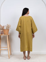 Linen Hand Embroidered Dress - Yellow