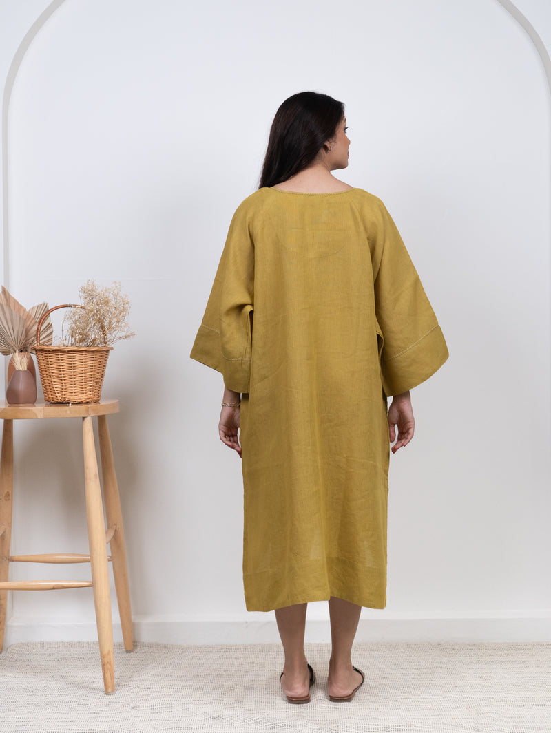 Linen Hand Embroidered Dress - Yellow