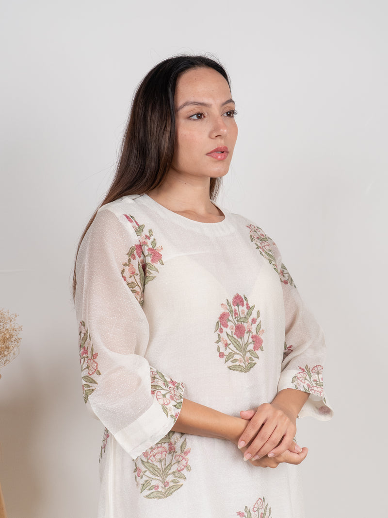 Chanderi Hand Block Printed Kurta- White