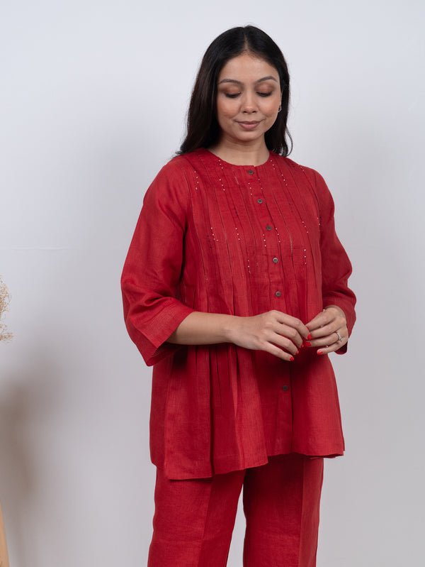 Linen Hand Embroidered Top - Red