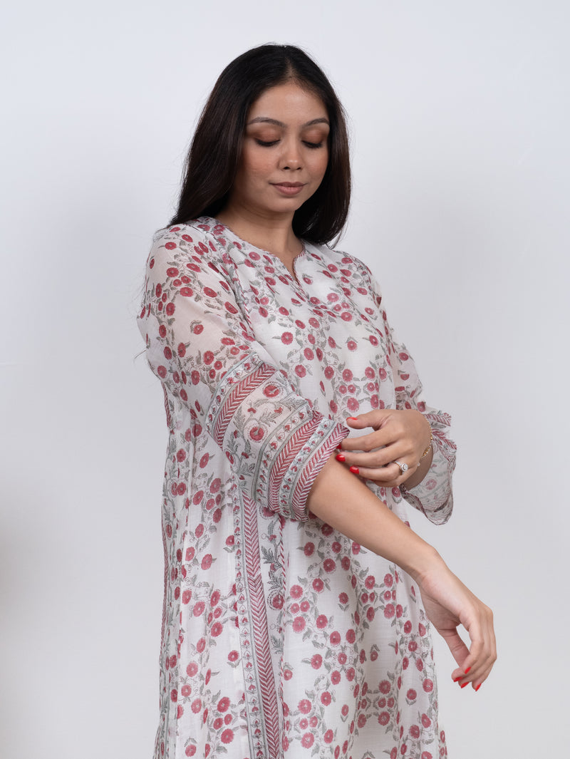 Chanderi Hand Block Printed Kurta- White