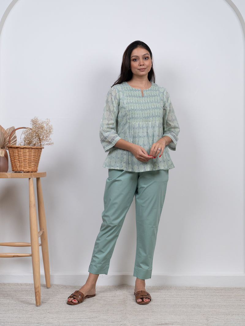 Cotton Hand Block Printed Top - Green