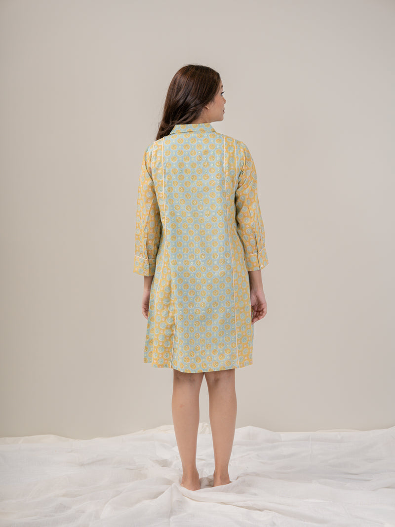 Cotton Hand Block Printed Dress- Yellow