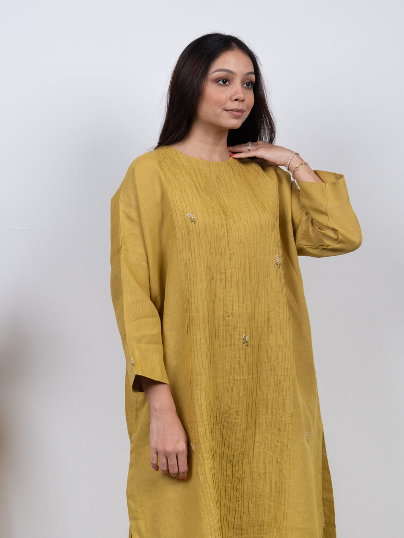 Linen Hand Embroidered Kurta - Yellow
