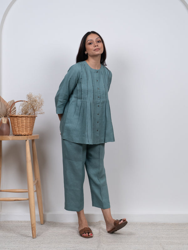 Linen Hand Embroidered Top - Blue