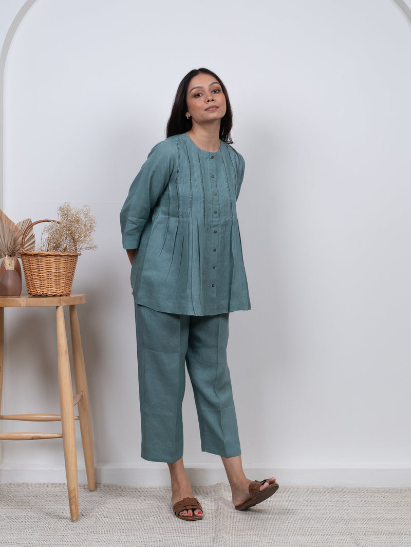 Linen Hand Embroidered Top - Blue