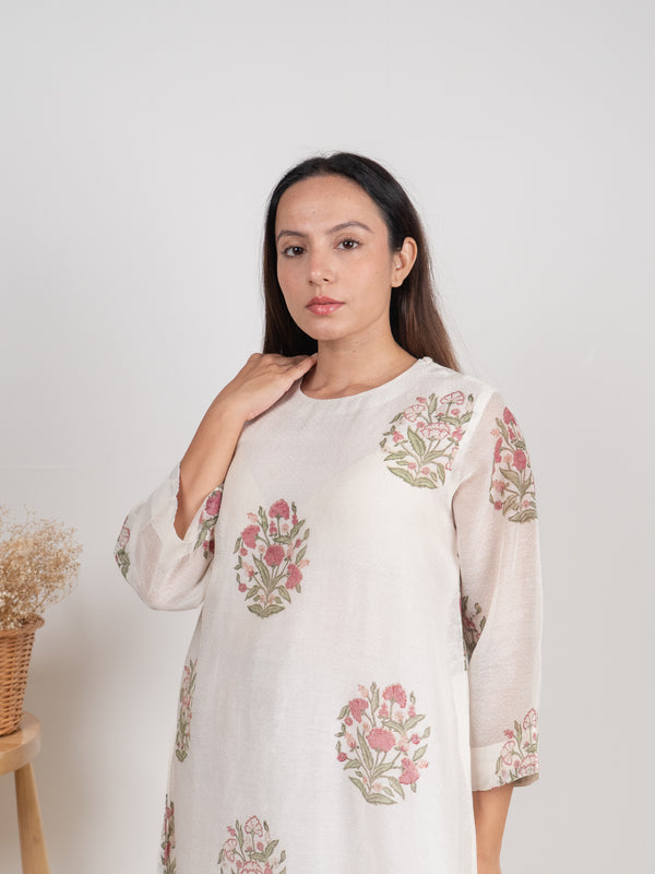 Chanderi Hand Block Printed Kurta- White