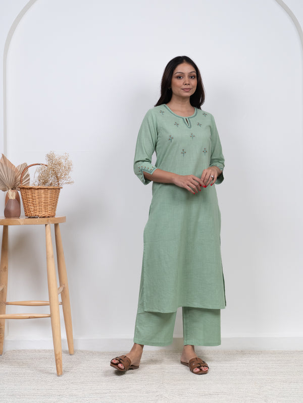 Cotton Hand Embroidery Kurta - Green