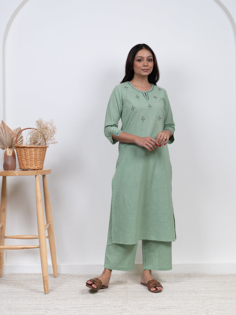 Cotton Hand Embroidery Kurta - Green