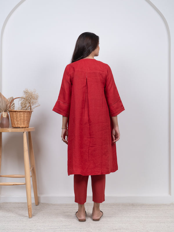 Linen Hand Embroidered Tunic - Red