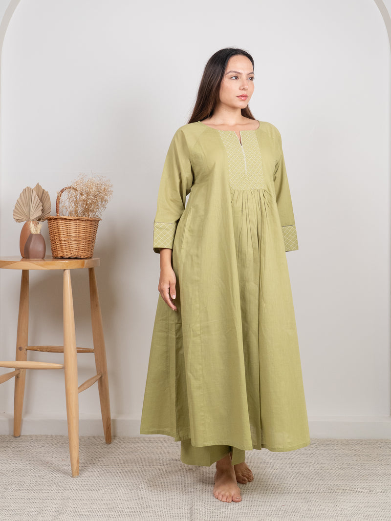 Cotton Hand Embroidery Kurta - Green