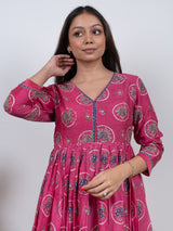 Chanderi V Neck Flare Kurta - Pink
