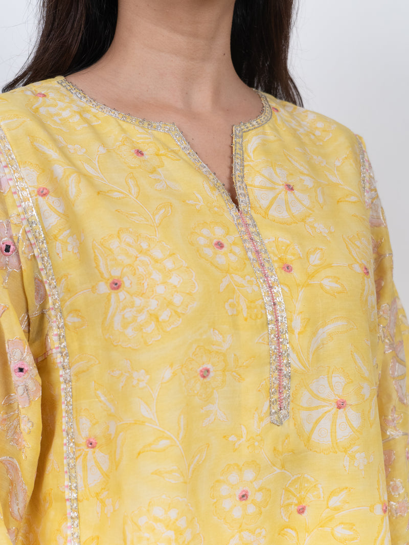 Chanderi Hand Block Printed kurta- Yellow