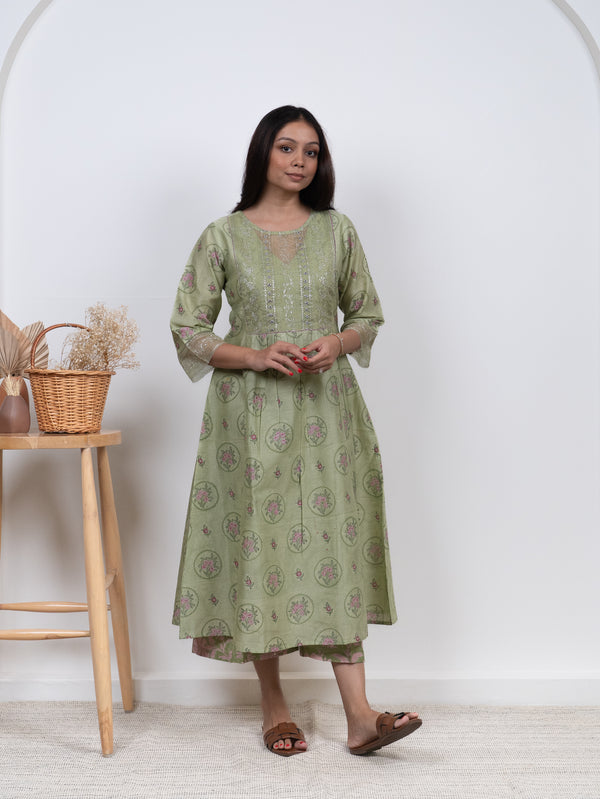 Chanderi Hand Embroidered Kurta - Green