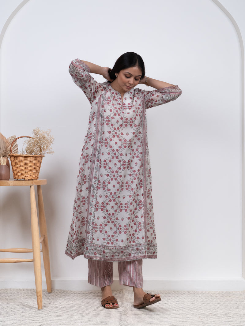 Chanderi Hand Block Printed Kurta- White