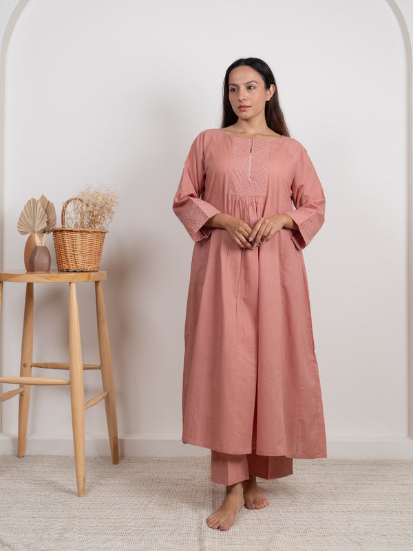Cotton Hand Embroidery Kurta - Peach