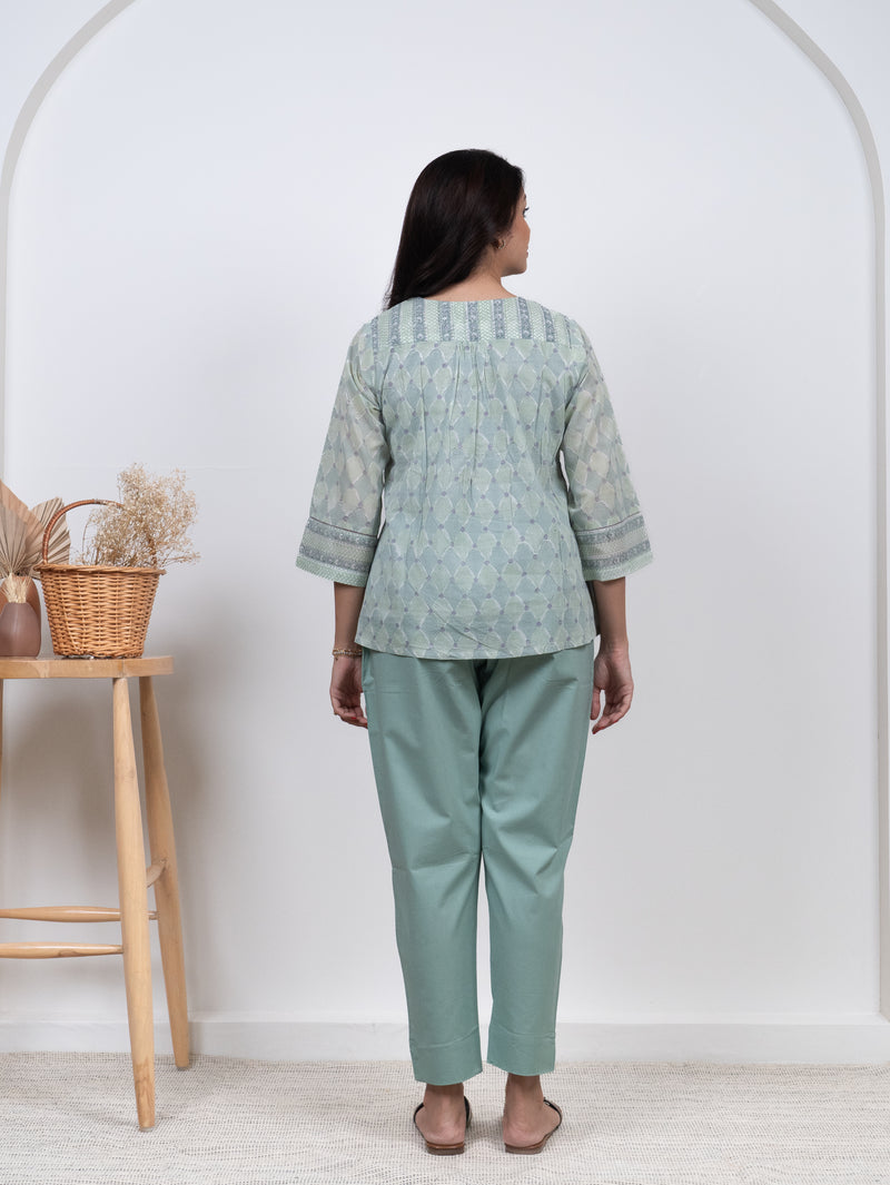 Cotton Hand Block Printed Top - Green