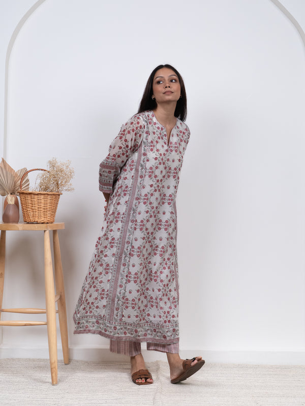 Chanderi Hand Block Printed Kurta- White