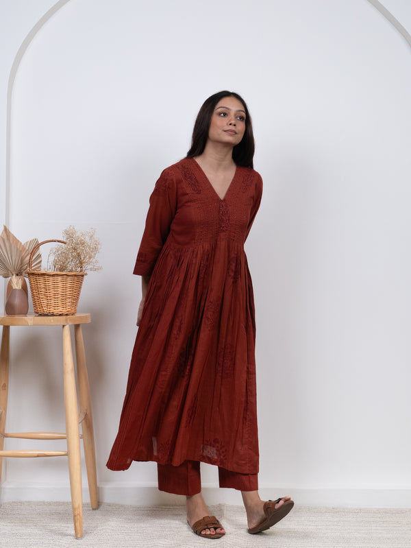 Cotton Hand Block Printed Kurta - Rust